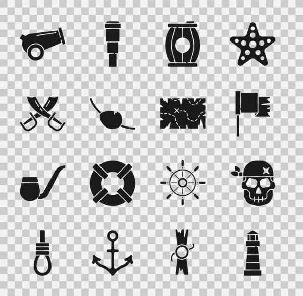 Set Leuchtturm, Totenkopf, Piratenfahne, Geschützpulverfass, Augenklappe, Gekreuzte Piratenschwerter, Kanonen und Schatzkarten-Symbol. Vektor — Stockvektor