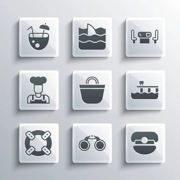 Set de prismáticos, gorro de capitán, muelle de playa, bolsa, salvavidas, cocinero, coctel de coco e icono de mesa de poker. Vector — Archivo Imágenes Vectoriales