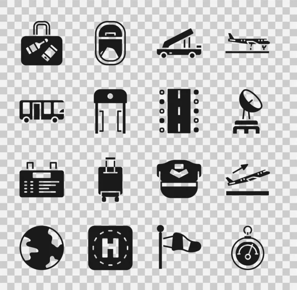 Set Barometer, Vliegtuig opstijgen, Radar, Passagier ladder, Metalen detector in de luchthaven, Luchthaven bus, Koffer en startbaan pictogram. Vector — Stockvector