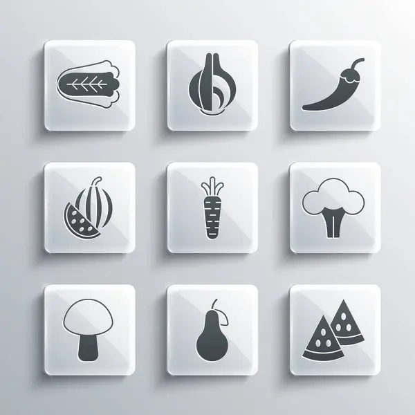 Set Pear, Watermelon, Broccoli, Carrot, Mushroom, Cabbage and Hot chili pepper pod icon. Vector — Stock Vector