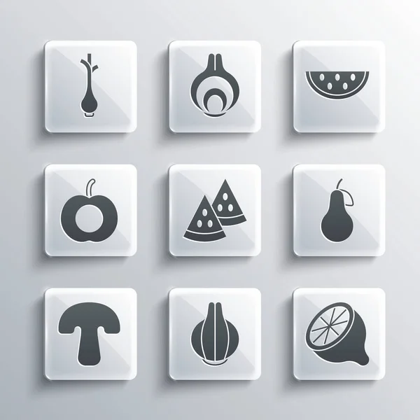 Set ui, citroen, peer, watermeloen, paddestoel, perzikvrucht, verse groene uien en icoon. Vector — Stockvector