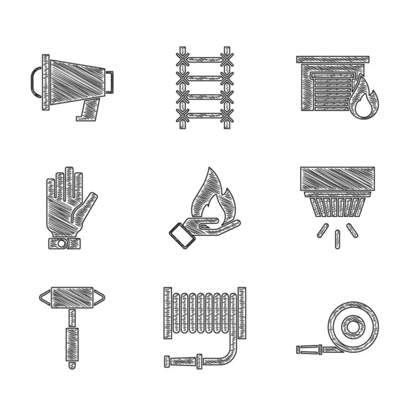 El, yangın hortumu, duman alarmı, itfaiyeci baltası, eldivenler, yanan garaj ve megafon ikonu. Vektör