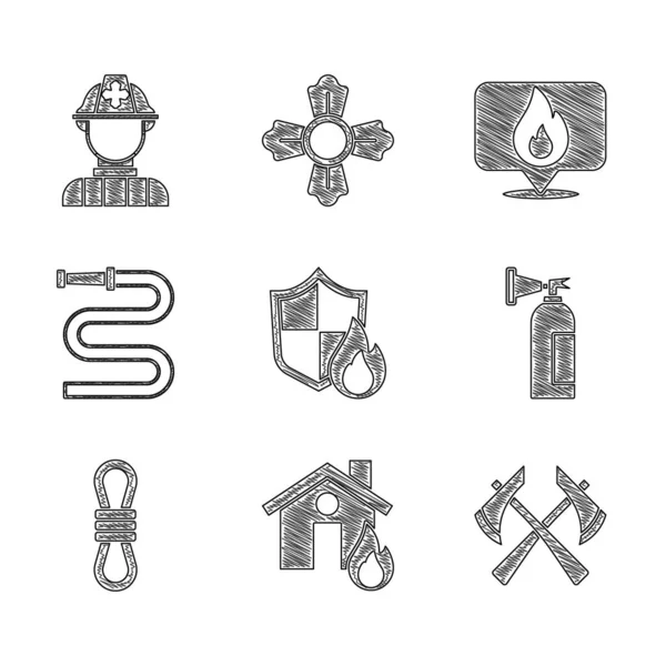 Set Fire protection shield, in burning house, Firefighter axe, extinguisher, Climber rope, hose reel, Location with fire flame and icon. Vector — Stock vektor