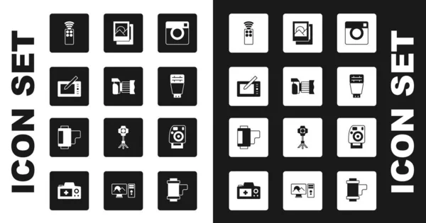 Impostare Fotocamera, tablet grafico, telecomando per, flash, cornice e icona della cartuccia del rullo della fotocamera. Vettore — Vettoriale Stock