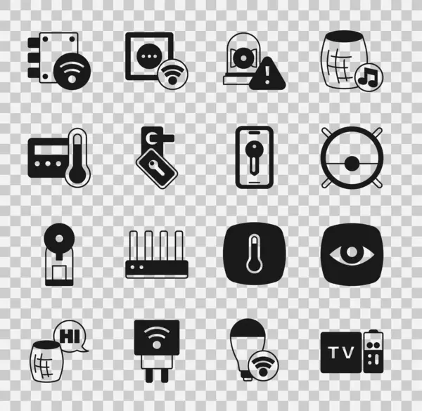 Set Multimedia and TV box receiver, Security camera, Robot vacuum cleaner, Ringing alarm bell, Digital door lock, Thermostat, and Smart key icon. Vector — Stock Vector