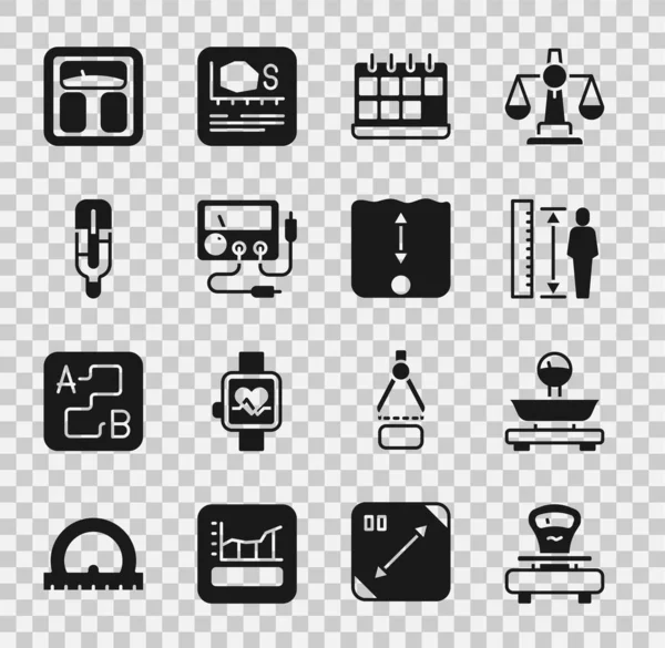 Set Scales, Measuring height body, Calendar, Multimeter, voltmeter, Medical thermometer, Bathroom scales and Depth measurement icon. Vector — Stock Vector