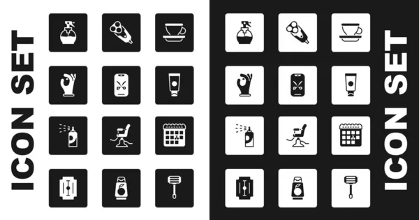 Set Coffee cup, Medical rubber gloves, Hairdresser pistol spray bottle, Cream cosmetic tube, Electric razor blade, Calendar with haircut day and Spray can hairspray icon. Vector — 图库矢量图片