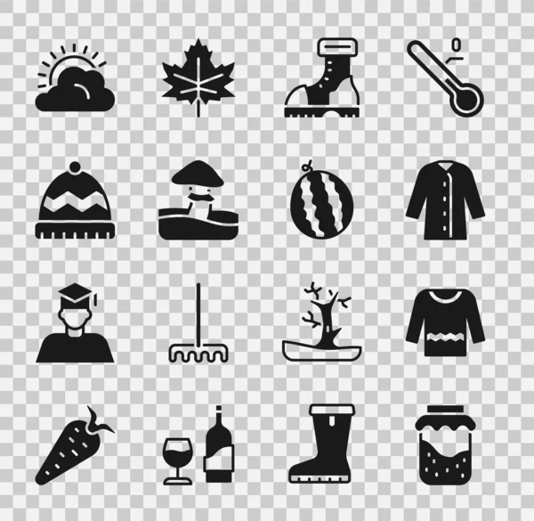 Set Jam jar, Sweater, Raincoat, Waterproof rubber boot, Mushroom, Winter hat, Sun and cloud weather and Watermelon icon. Vector — Stock Vector