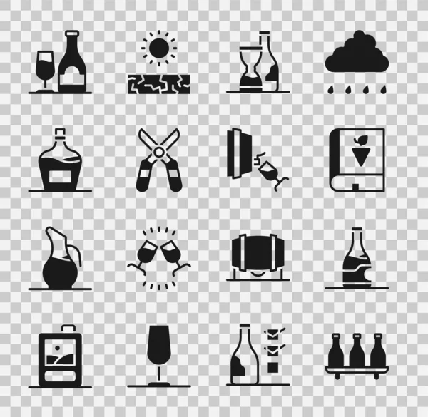 Bir şişe şarap, üzümler hakkında kitap, bahçe makası, eski şişe, cam ve tatma ile şarap, degustation ikonu. Vektör