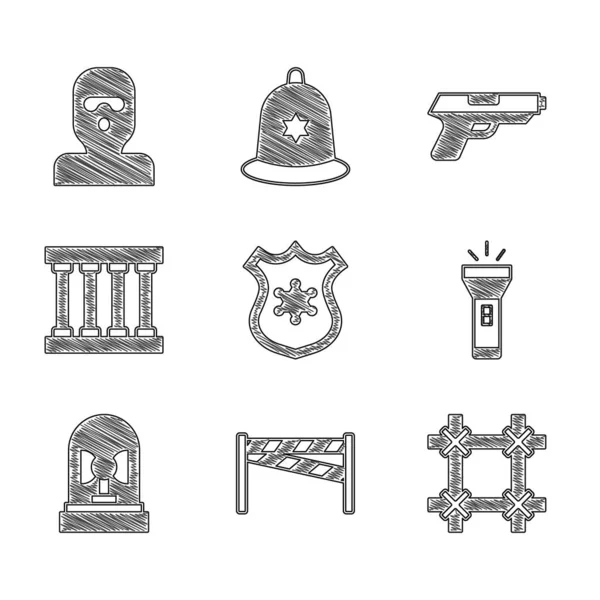 Set Police badge, Crime scene, Prison window, Flashlight, Flasher siren, Pistol or gun and Thief mask icon. Vector — Stock vektor
