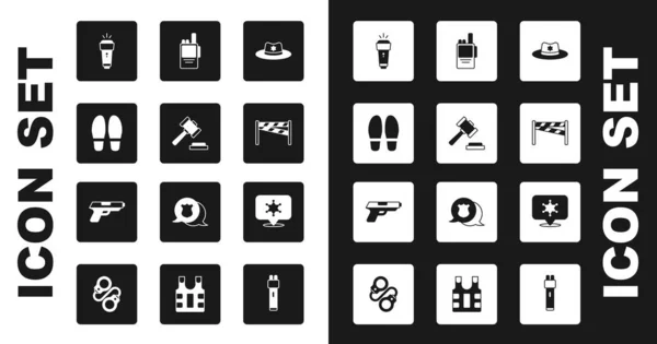 Set Sheriff Hut mit Abzeichen, Richtergabel, Fußtritte, Taschenlampe, Tatort, Walkie Talkie, Hexagramm Sheriff und Pistole oder Pistole Symbol. Vektor — Stockvektor