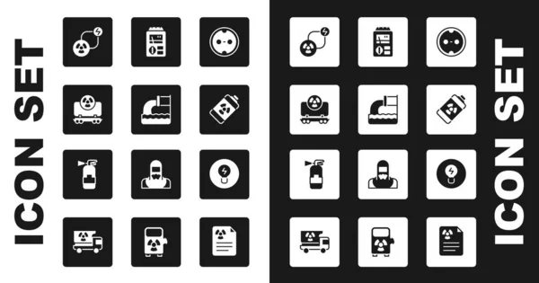 Set prise électrique, eaux usées, train de marchandises radioactif, échange d'énergie, batterie nucléaire, dosimètre, ampoule avec concept d'idée et icône de l'extincteur. Vecteur — Image vectorielle