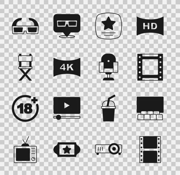 Set Play videosu, ekranlı sinema salonu, Şöhret Yürüyüşü yıldızı, TV 4k, Yönetmen film koltuğu, 3D sinema gözlüğü ve ikonu. Vektör