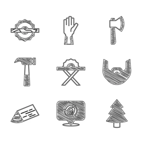 Set Sierra circular eléctrica, troncos de madera, árbol de Navidad, bigote y barba, viga, martillo, hacha e icono. Vector — Archivo Imágenes Vectoriales