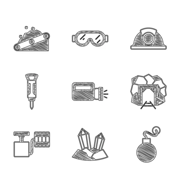 Set Flashlight, Gem stone, Bomb, Mine entrance, Handle detonator, Construction jackhammer, Miner helmet and Conveyor belt carrying coal icon. Vector — Stock vektor