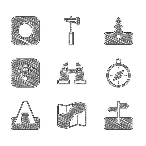 Conjunto de prismáticos, Camping y senderismo en el mapa, Señal de tráfico por carretera, Brújula, Carpa turística, Internet inalámbrico Wi-Fi, Árbol y Sol icono. Vector — Archivo Imágenes Vectoriales