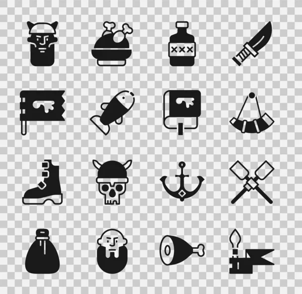 Set Middeleeuwse speer, Oars of peddels boot, Hunting horn, Whiskey fles, Vis, Viking vlag, hoofd en boek icoon. Vector — Stockvector