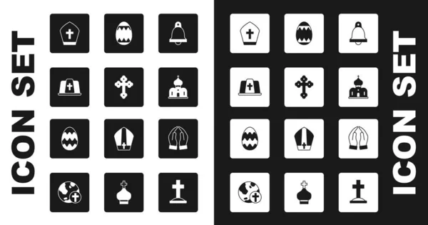 Conjunto campana de la iglesia, cruz cristiana, sombrero del Papa, edificio, huevo de Pascua, manos rezando posición e icono. Vector — Vector de stock