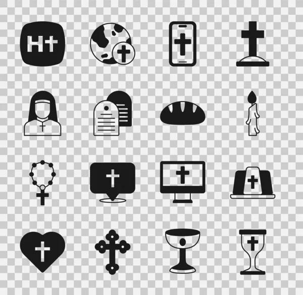 Hıristiyan kadehi, Papa şapkası, yanan mum, haç, kutsal İncil kitabı, rahibe ve ekmek ikonu. Vektör