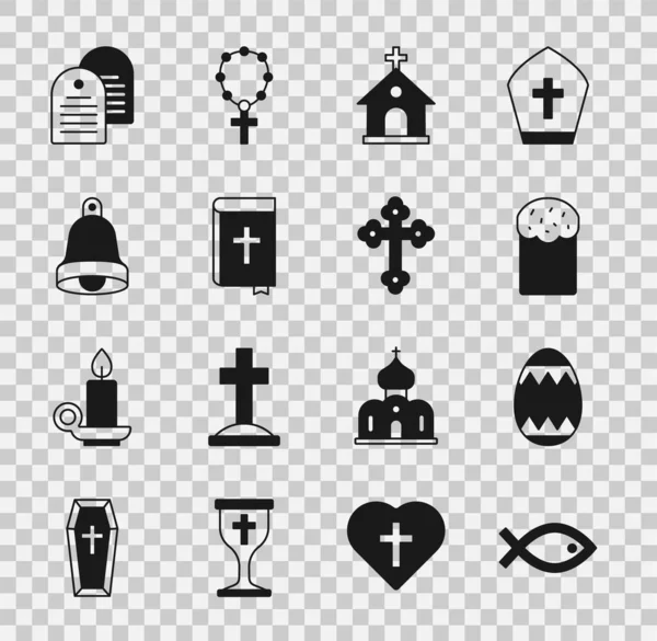 Ensemble symbole de poisson chrétien, oeuf de Pâques, gâteau, bâtiment de l'église, livre de la Bible sainte, cloche et icône de croix. Vecteur — Image vectorielle