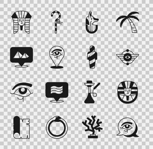 Hórusz szeme, egyiptomi fáraó, Szárnyas Nap, anubisz, piramisok és múmia ikon. Vektor — Stock Vector