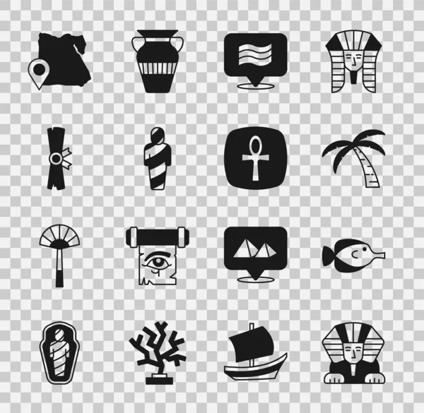 Set Esfinge, Peces mariposa, Palmera tropical, Bandera de Egipto, momia, Rollo de papiro, Mapa y Cruz icono de ankh. Vector — Archivo Imágenes Vectoriales