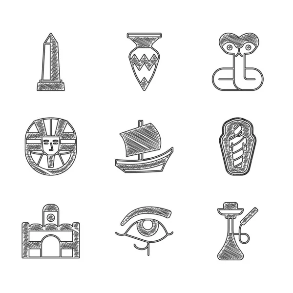 Set barco egipcio, Ojo de Horus, Hookah, momia en sarcófago, casa, faraón, serpiente y Obelisco icono de Alejandría. Vector — Archivo Imágenes Vectoriales