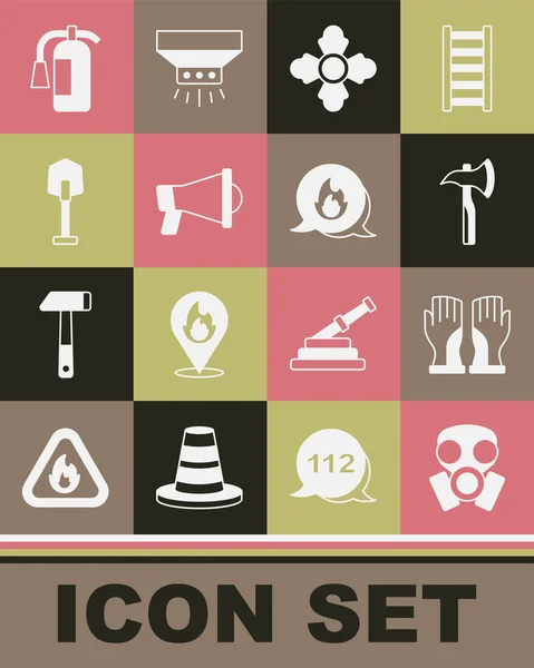 Set Gas mask, Firefighter gloves, axe, Megaphone, shovel, extinguisher and Emergency call icon. Vector — 图库矢量图片