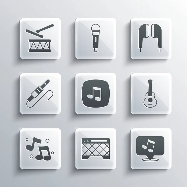 Set Guitar amplifier, Music note, tone, Audio jack, Drum with drum sticks and Air headphones icon. Vector — Stock vektor