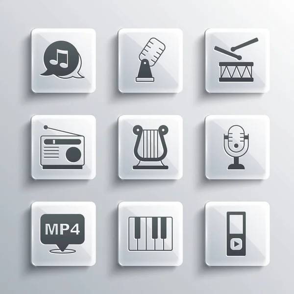 Set Muziek synthesizer, speler, microfoon, Oude Griekse lier, MP4-bestand document, Radio, noot, toon en Drum met drumsticks pictogram. Vector — Stockvector