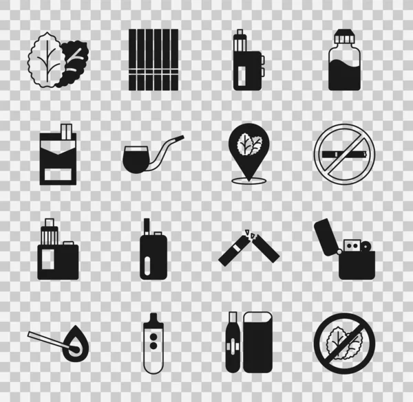 Set No tobacco leaf, Lighter, smoking, Vape mod device, pipe, Cigarettes pack box, Tobacco and icon. Vector — Stock Vector