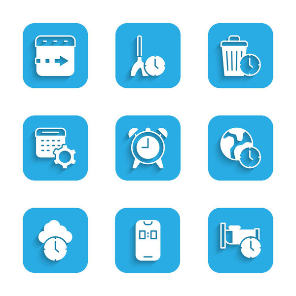 Установите будильник, мобильное приложение, время сна, мировое время, часы, настройки календаря, пустая трата и летает на иконке. Вектор