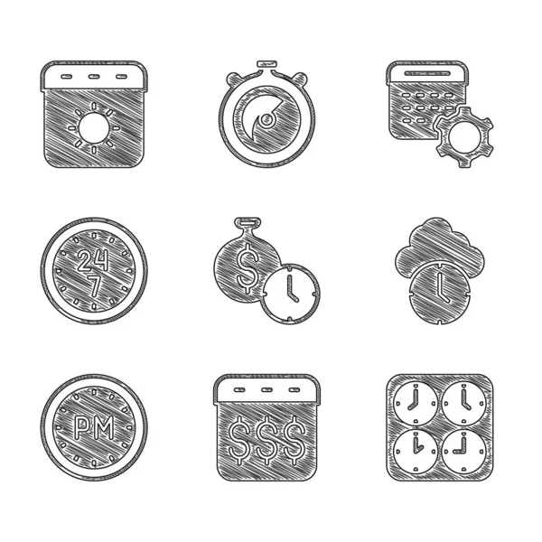 Set Time is money, Payday, calendar with dollar, zone clocks, Clock, Day time, 24 hours, Calendar settings and summer icon. Vector — Stock Vector