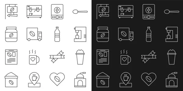 Set line Manuelle Kaffeemühle, Milchshake, Kaffeemaschine, Elektronische Waagen, Straßenfahrzeug, Glasflasche, Straßenschild und Flaschenwasser-Symbol. Vektor — Stockvektor