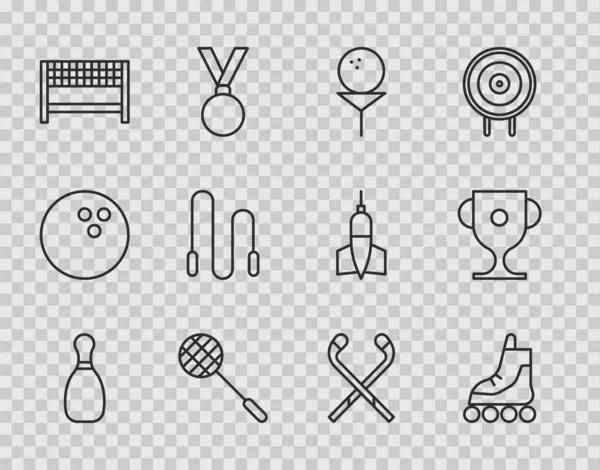 Bowling pimi, paten, golf topu, golf topu, tenis raketi, kurdele bitiş çizgisi, atlama ipi, buz hokeyi sopası ve ödül kupası ikonu. Vektör