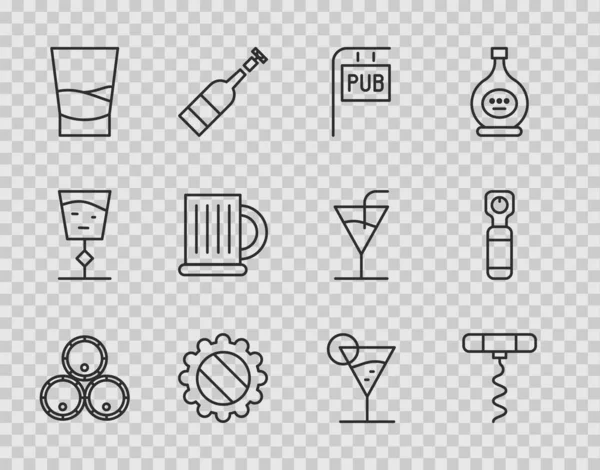 Set line Barriles de madera, Sacacorchos de vino, Letrero de calle con Pub, Tapa de botella, Vaso de vodka, taza de cerveza, vaso Martini y el icono del abridor. Vector — Vector de stock