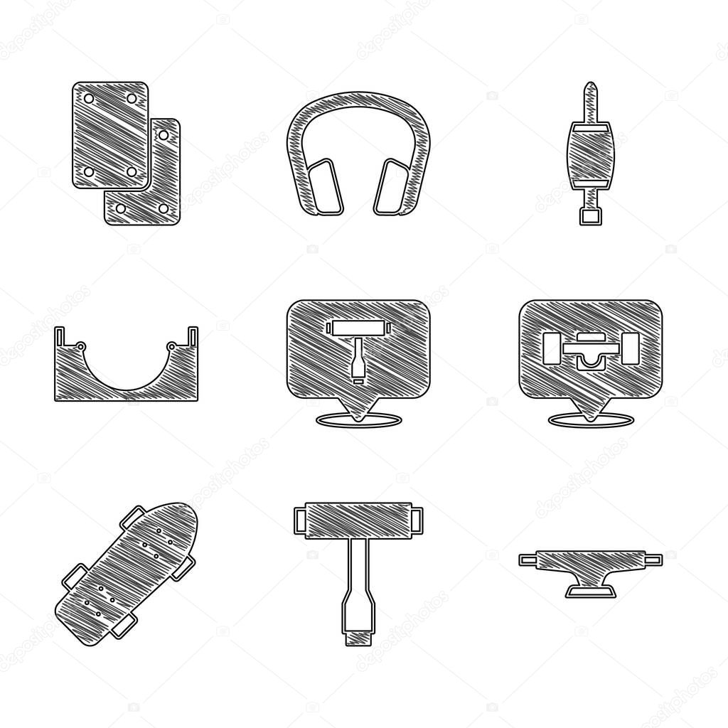 Set Skateboard T tool, wheel, park, Screwdriver and Knee pads icon. Vector