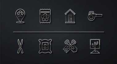 Çiçek, bahçe makasları, yapraklı bahçe üfleyicisi, kürek tırmığı, bitki, ağaç ve çiftlik evi ikonu dolu tohum dolu bir paket. Vektör