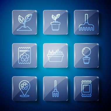 Çiçek, bahçe tırmığı, gübre torbası, dikdörtgen şeklinde taze çimen, bitki, bitki ve çiçek saksısı ikonu dolu tohum dolu bir sıra oluşturun. Vektör