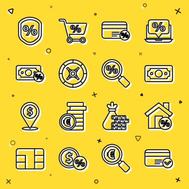 Hat kartı, indirimli ev, kağıt para yığını, indirimli yüzde, kasa, para, kredi ve büyüteç ikonu. Vektör