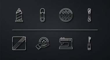 Çizgi dikiş ipliği, desen, iplik, makine, düğme, güvenlik iğnesi, Awl aracı ve simgesi ayarlayın. Vektör