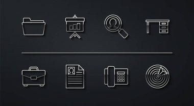 Dosya dizini, evrak çantası, ofis masası, telefon, özgeçmiş, diyagramı olan yazı tahtası, hedef sporu ve arama insanları simgesi için büyüteç ayarla. Vektör