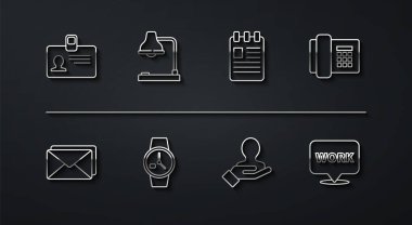 Satır tanımlama rozeti, Zarf, Telefon, Arama Ekibi için El, Bilek saati, Masa lambası, metin çalışmalı konum ve Spiral defter simgesi. Vektör