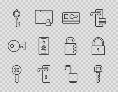 Yanlış anahtar, anahtar, kart, kapı kolu, parmak izi taraması yapılmış eski, mobil, kilidi aç ve kilidi kilitle simgesini ayarla. Vektör