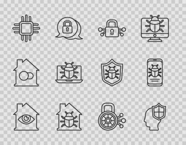 Hat House 'u göz taraması, kafa kalkanı, siber güvenlik, sistem hatası, işlemci mikrodevreleri, monitörde sistem ve mobil ikona ayarlayın. Vektör