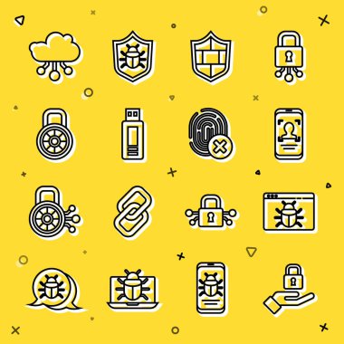 Hat kilidini, sistem böceğini, mobil yüz tanıma sistemini, tuğla duvarlı kalkanı, USB flash diski, güvenli kombinasyon kilidini, interneti ve iptal edilmiş parmak izi simgesini ayarla. Vektör