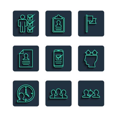 Zaman Yönetimi, Kullanıcı grubu, Proje ekibi üssü, konum belirleyicisi, Akıllı telefon, özgeçmiş, takım elbiseli ve simgeli adam. Vektör