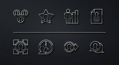 Hat Proje Ekibi Üssü, Kafa Avcılığı, Devam, Hesap Ekranı Oluştur, Zaman Yönetimi, Konuşma Balonu Sohbeti ve Üretken İnsan Simgesi. Vektör