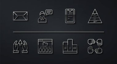 Satır Envelope, Büyüme çizelgesi ve ilerlemesi, Piramit bilgi grafikleri, Kazanan podyum ödülü, Tarayıcı dosyaları, Konuşma balonu sohbeti, Proje ekibi tabanı ve kontrol listesi simgesi olan pano. Vektör