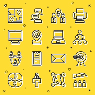 Hiyerarşi organizasyon şeması, Ampul, İşçi konumu, Bilgisayar monitörü, katlanmış harita ve dizüstü bilgisayar ikonu ile Patron satırını ayarla. Vektör